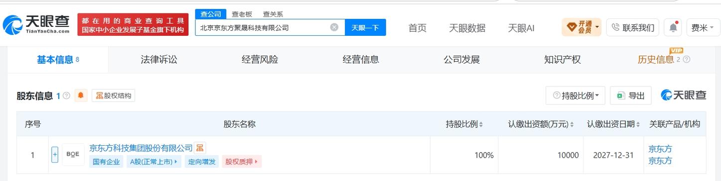 京东方在北京成立聚晟科技公司 注册资本1亿